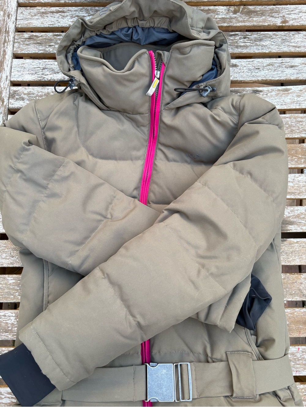 Lole Olive Green Down Coat with Pink Zip